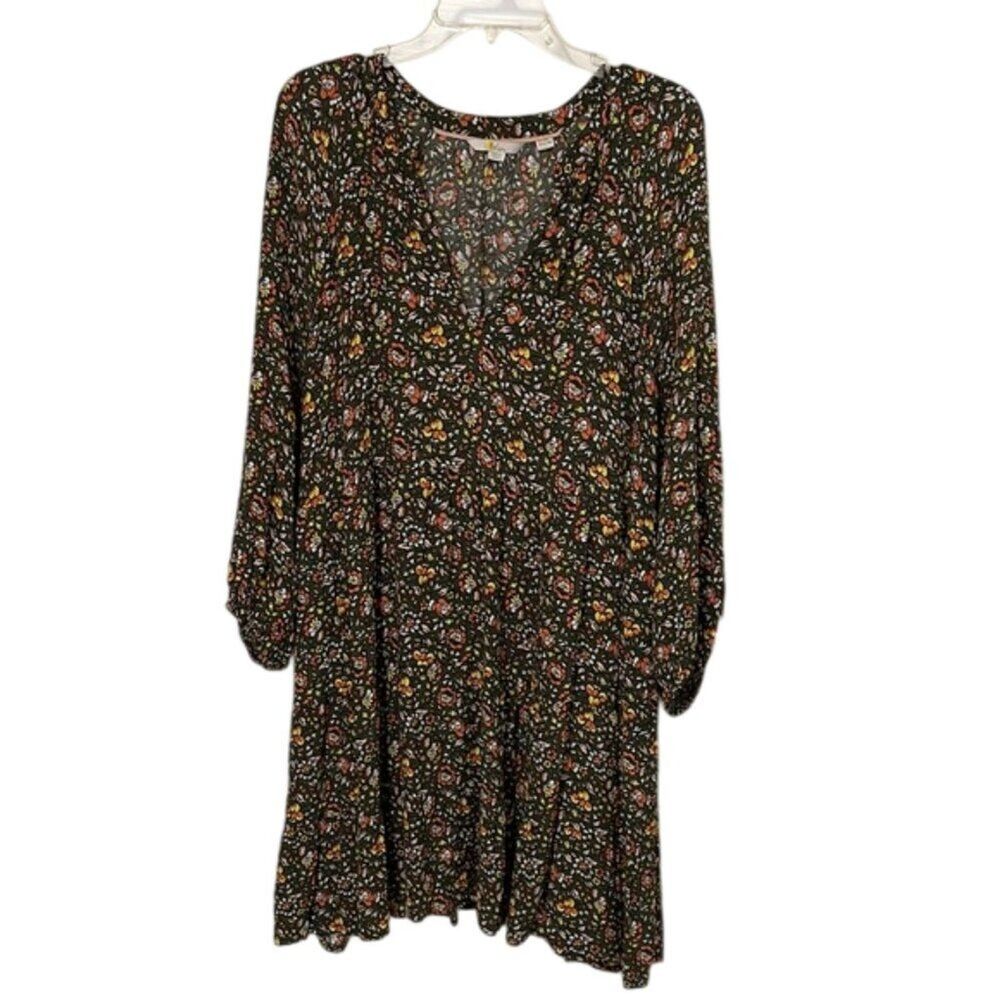 Boden Olive Green Floral Boho Mini Dress Womens Size 16 Pullover Babydoll